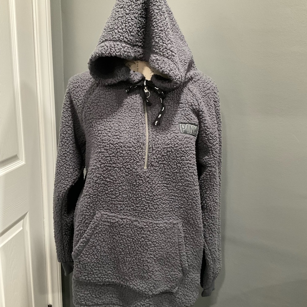 PINK BY VS GREY SHERPA PULL OVER HOODIE